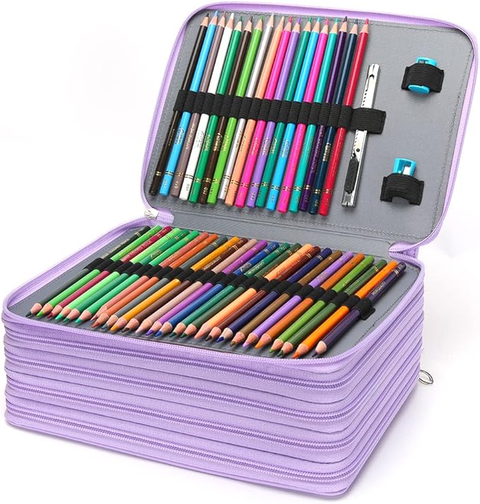 Vomgomfom 252 Slots Pencil Bag, 5-Layer Zipper Art Supply Organizer, PU Leather Portable Colored Pencil Case with Handle for 252 Watercolor Pens, Gel Pens (Purple)