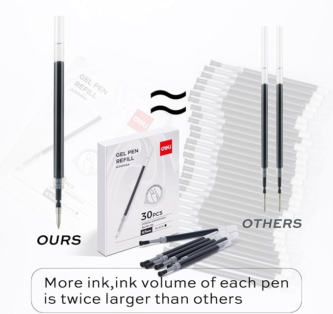 deli Gel Pen Refills, 30 Pcs 0.7mm Retractable Pen Refills Black Ink | Medium Point, Smooth Writing, Fast Dry, No Bleed for Journaling Note Taking, Home School Office Supplies