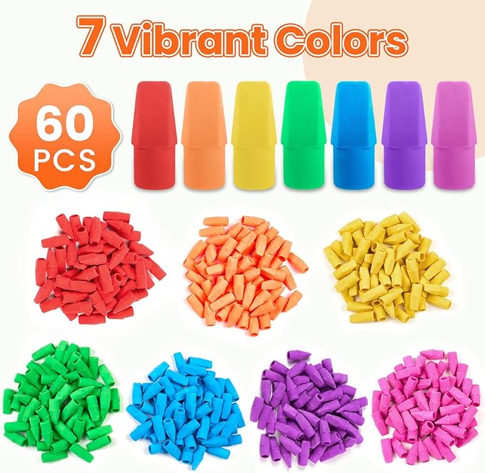 60 Pack Erasers for Kids, Sooez Pencil Top Erasers, Eraser Caps, Cap Toppers Small Cute Drawing Erasers, Classroom Must Have for Teacher & Student, Back to School Supplies