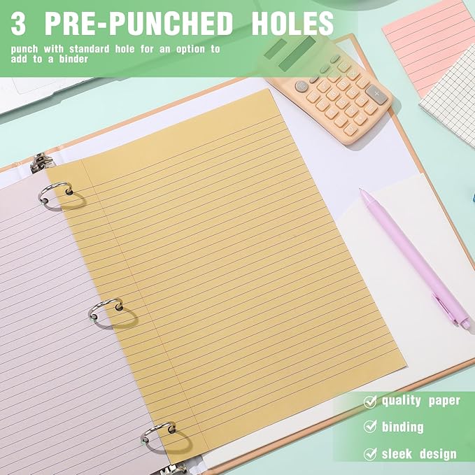 PerKoop 12 Pack 600 Sheets Colored Lined Paper Bulk College Ruled 8 x 10.5 Inches, Loose Leaf Notebook Paper 3 Hole Ring Punched Filler Back School Supplies, Line Spacing 0.7cm (Sweet Color)