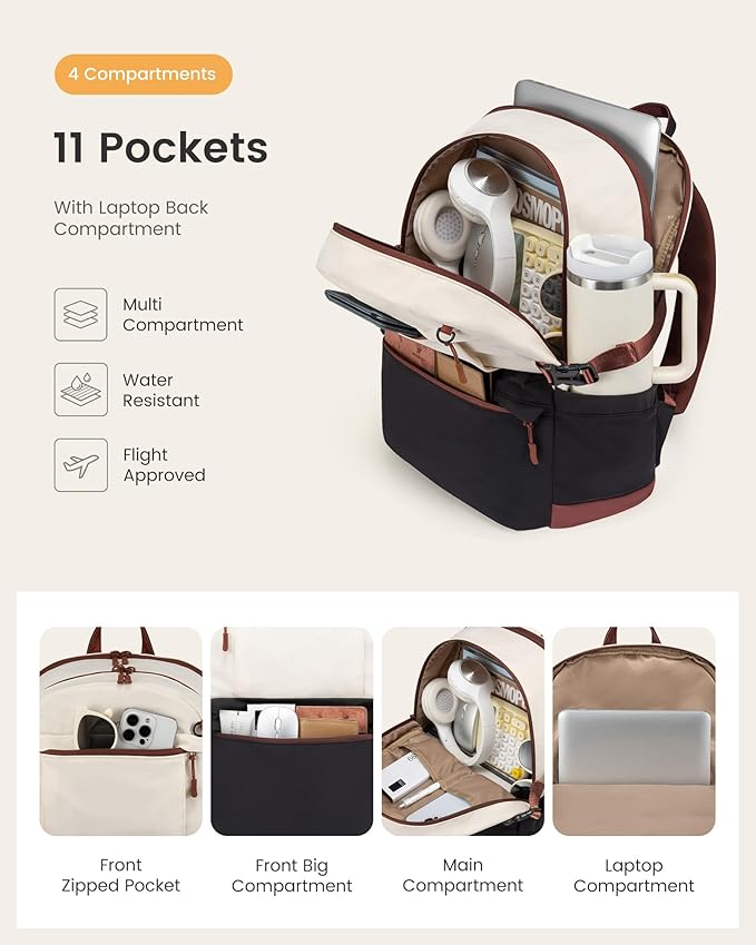 LOVEVOOK Laptop Backpack for Women with Giant Tumbler Holder,15.6 Inch Laptop Computer Bag Travel Backpack Purse,Waterproof Work Business Backpack College Bookbag Teacher Bags,Beige-Khaki-Coffee