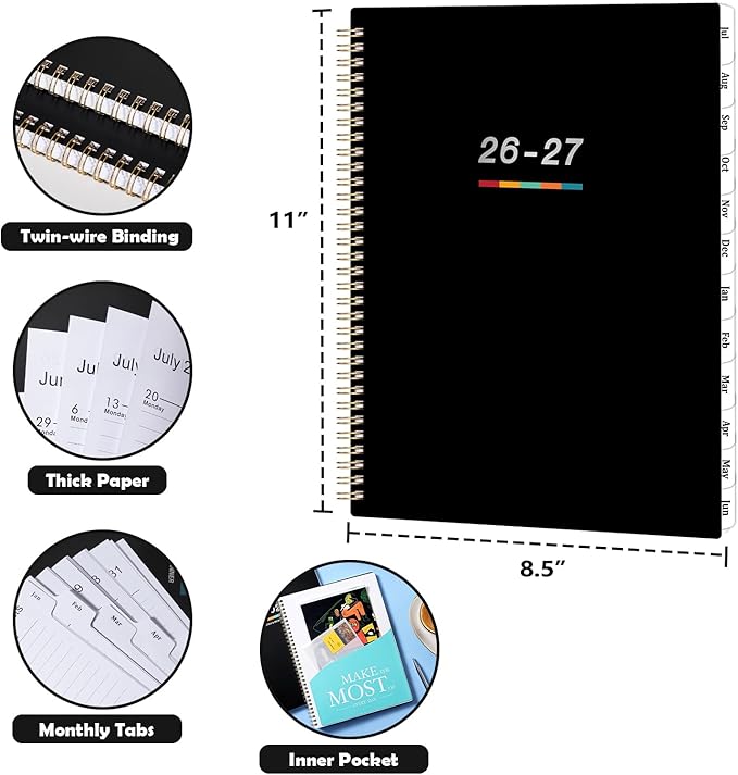 2026-2027 Planner – Jun. 2026 - Jul. 2027, 2026-2027 Planner Weekly and Monthly, 8.5" x 11", Academic Planner 26-27 with Monthly Tabs, Spiral Binding, Thick Paper - Classic Black