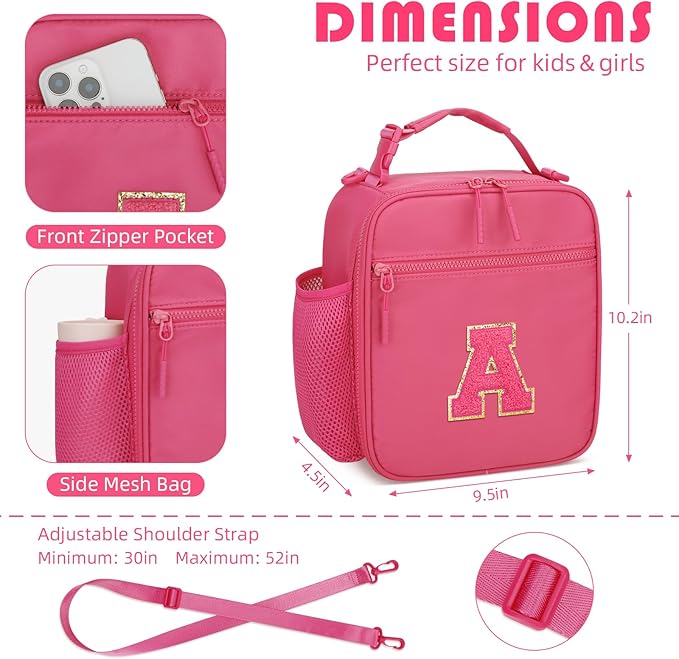 Initial Insulated Lunch Bag for Girls Kids, Back to School Gift, Reusable Leak-proof Lunch Box with Adjustable Strap for School Daycare Travel Picnic (Rosy Red,A)