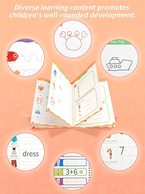 Magic Grooved Writing Practice for Kids Ages 3-8, Reusable Handwriting Workbooks for Preschool Learning, Letters Numbers Math & Drawing Tracing Books with Disappearing Ink Pens, Educational Gift