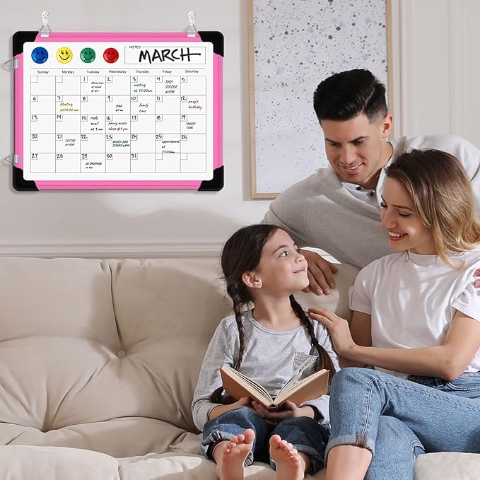 Dry Erase Calendar Whiteboard for Wall, 16" X 12" Magnetic White Board Dry Erase Calendar, Portable Hanging Dry Erase Board Framed Planner Memo Whiteboard Back to School Gift for Kid Student (Pink)