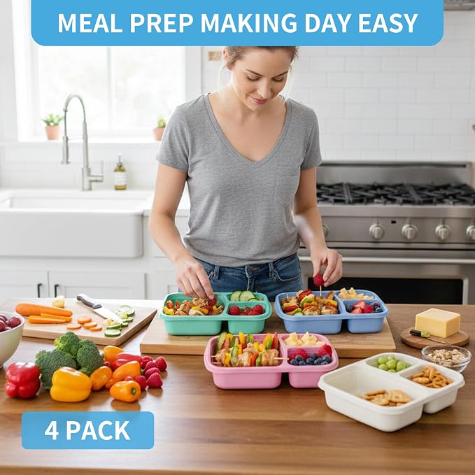 4 Pack Bento Lunch Box Set, 3 Compartment Leakproof Stackable Food Containers, Reusable Wheat Straw Lunch Boxes for Adults Work and Travel