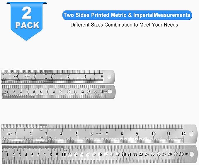 2 Pack Metal Ruler, Double-Sided Scale【6,12inch/15,30cm】 Steel Ruler Set for Architects, Home,School， Office, and Craft