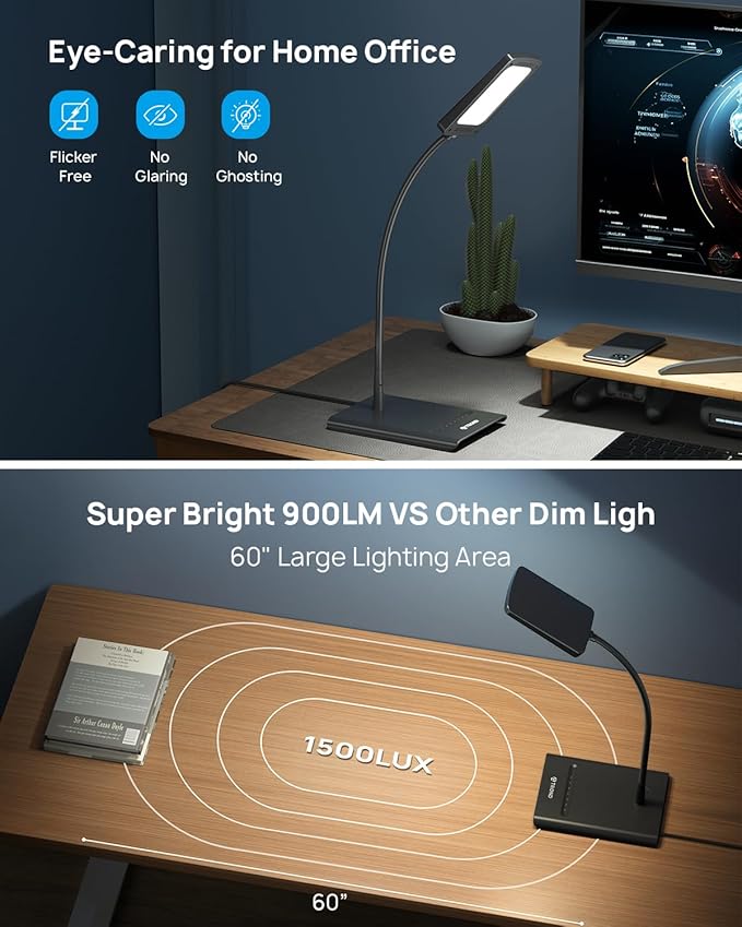 TROND Desk Lamp, Bright Dimmable Eye-Caring Table Lamp, 3 Color Modes 7 Brightness Levels, Flexible Gooseneck, Touch Control, Memory Function, Desk Light for Home Office Dorm Room Essentials, Black