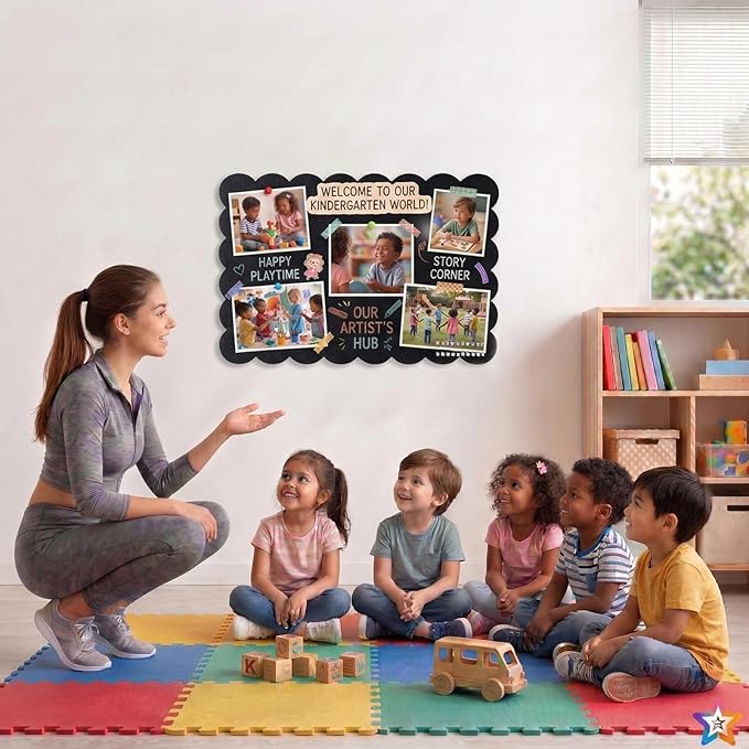 Scalloped Bulletin Board, 24x18 Scalloped Felt Bulletin Board, 2' x 1.5' Foldable Picture Display with 20 Pins & 5 Cute Decors - Black
