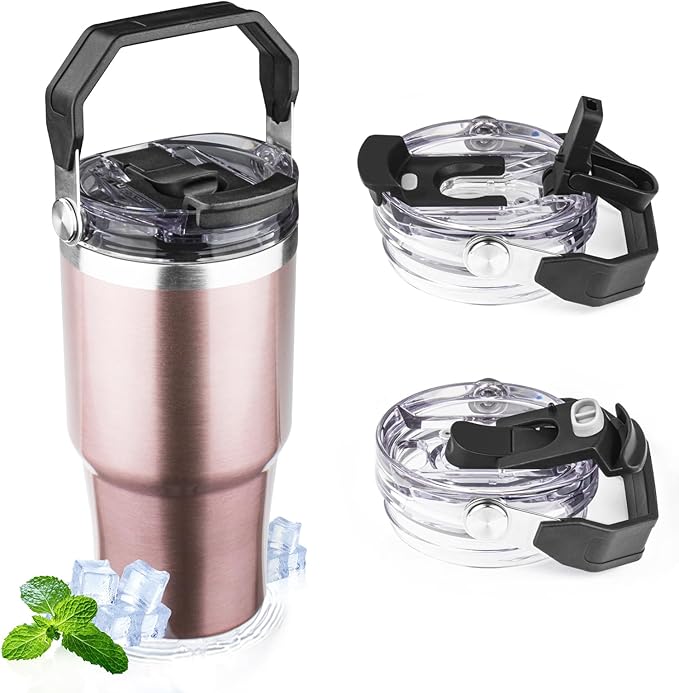 20oz Tumbler with Handle and Flip Straw Lid Double Wall Insulated Travel Coffee Mug Stainless Steel Vacuum Insulated Coffee Tumbler Cup for Hot and Cold Beverages Leak-proof&BPA-free（20oz,Rose gold）