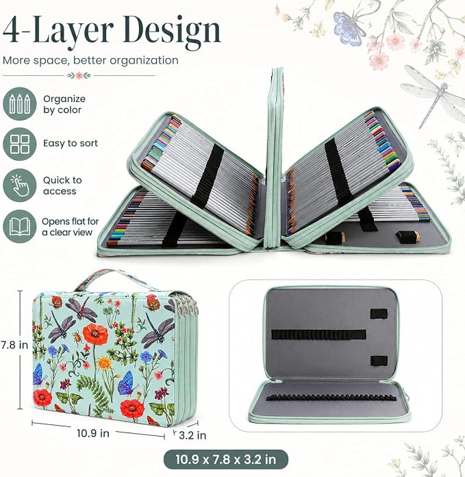 200 Slots Colored Pencil Case Organizer, 4 Layer Bag | Twill Oxford fabric,203 elastic loops,detachable handle,for travel, home storage,drawing tools,creative gifts