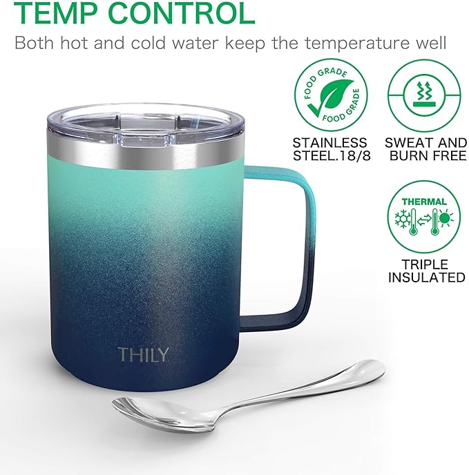 THILY Stainless Steel Insulated Travel Mug 12 oz Vacuum Insulated Coffee Cup with Handle, Spill-proof Lid, Keep Coffee Cold or Hot, for Camping or Outdoor, Green & Navy