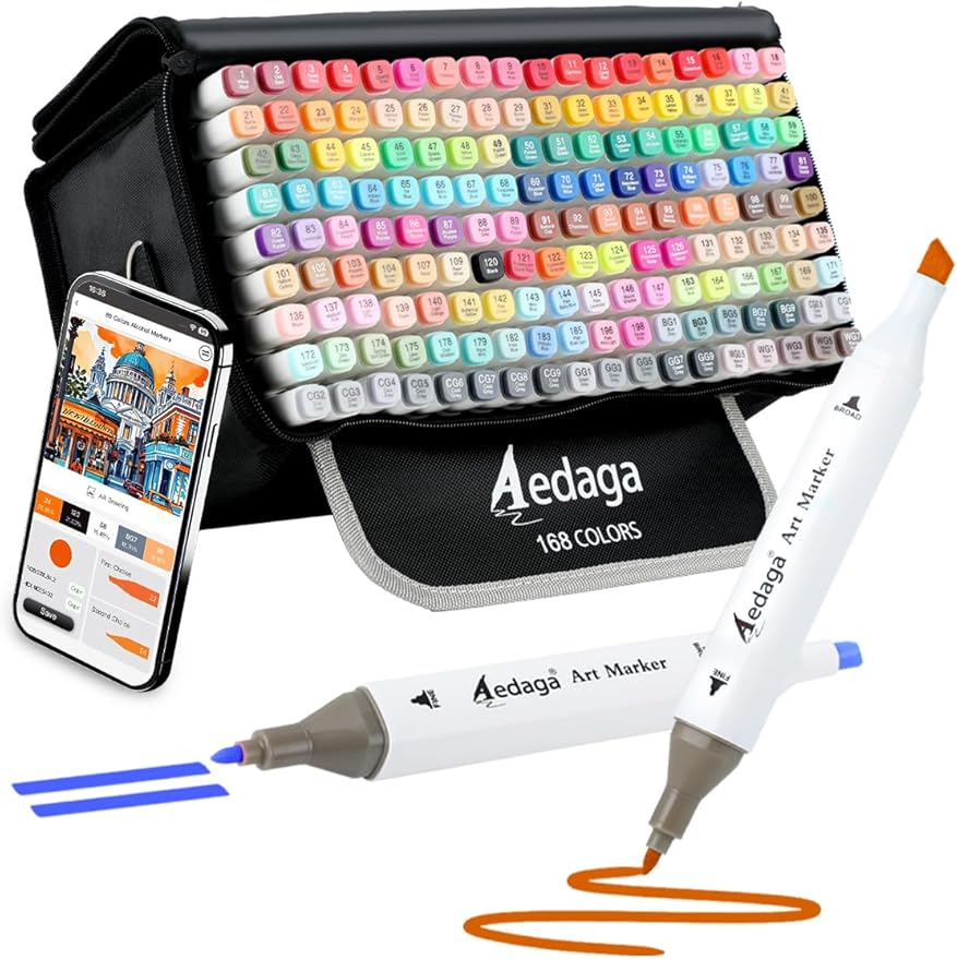 YHC 168 Colors Alcohol Markers with Free APP, Alcohol-Based Dual Chisel & Fine Tips Markers with Kickstand Case for Adult Coloring, Drawing, Painting and Sketching, Great Gift Idea for Artists