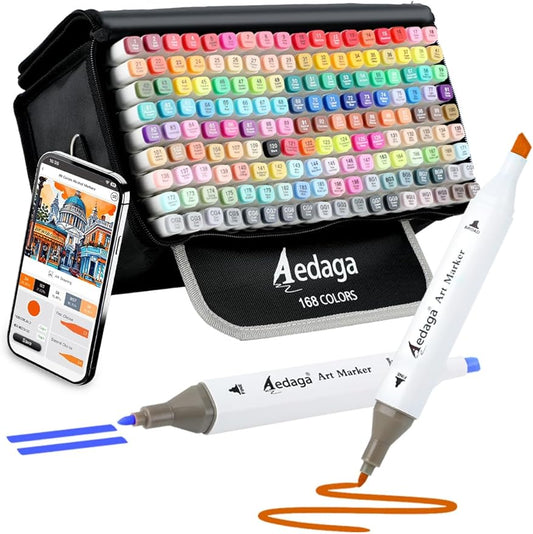 YHC 168 Colors Alcohol Markers with Free APP, Alcohol-Based Dual Chisel & Fine Tips Markers with Kickstand Case for Adult Coloring, Drawing, Painting and Sketching, Great Gift Idea for Artists