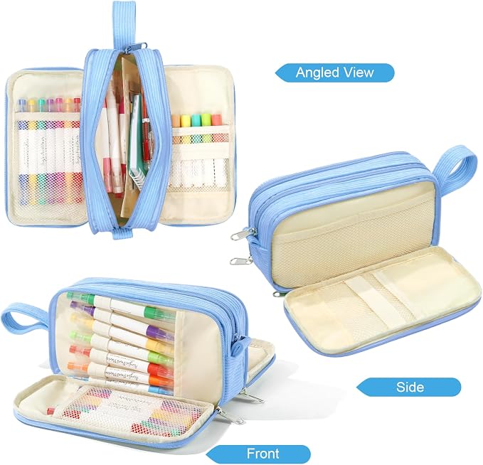 BuyCard Blue Large Capacity Corduroy Pencil Case, Casual Style, Zipper Pouch Organizer for Teen Girls, Boys, Women and Men
