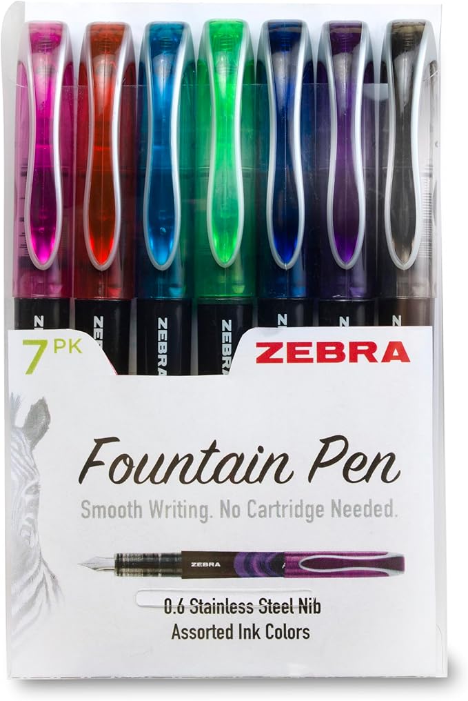 Zebra Pen, Fountain Pen, 0.6mm Fine Point, Stainless Steel Nib, Preloaded Assorted Ink, Smooth Ink Flow, Vibrant Assorted Barrels, No Cartridge Needed, 7-Pack (48307)