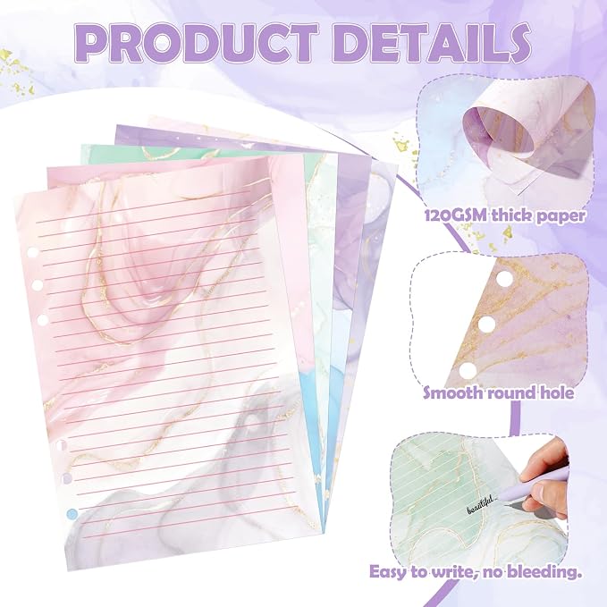 100 Sheets Marble A5 Refills Papers for Planner Insert Binder, 120GSM Thick Colorful Marble Notebook Fillers, 6 Hole Loose Leaf Papers for A5 6 Ring Binder Journal Diary Budget Girl Women