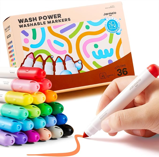 Jar Melo Washable Markers for Kids Toddlers 2-4, Safe Non-Toxic Water Based Markers for Age 1-3 4-8, Coloring Art Supplies for Preschool Gift, 36 Colors