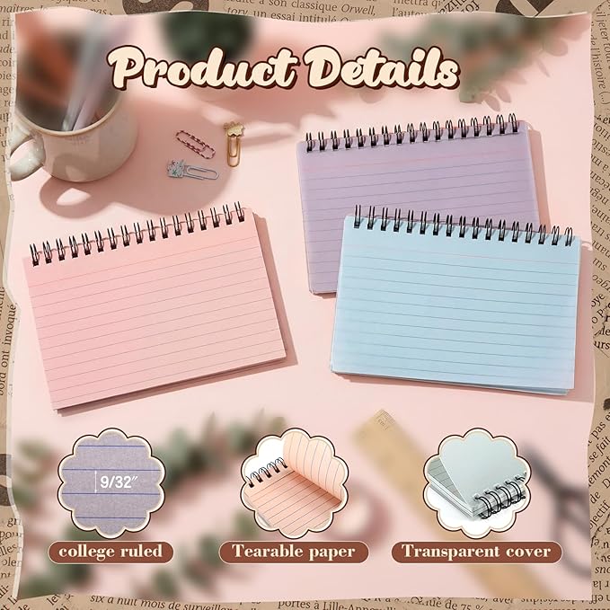 12 Pcs Large Index Cards with Ring Set 4x6 Colored Ruled Notecards with Waterproof Covers Spiral Flashcards for Studying, Learning, College, School, Office, Home Supplies(Retro)
