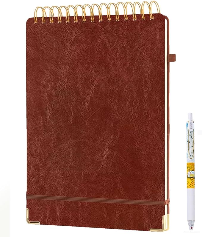 Top Spiral Notebook 8.5x11, A4 Large Leather Hardcover Top Bound Steno Pads, 240 Pages 100gsm Thick Lined Paper,Wide Ruled,Left Handed Notebook Journal for Work, School - Brown