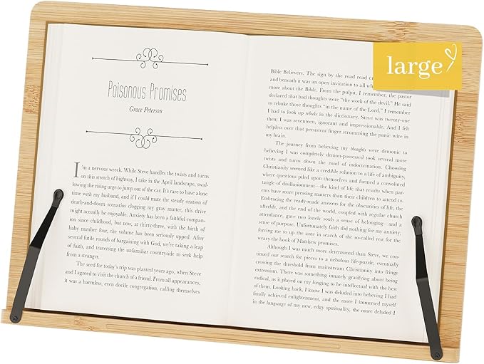 Large Bamboo Book Stand, Adjustable Book Holder, Music Stand - Lightweight and Stable for Cookbook, Textbook, Notebook, Desk Home Office Kitchen