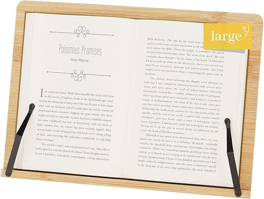 Large Bamboo Book Stand, Adjustable Book Holder, Music Stand - Lightweight and Stable for Cookbook, Textbook, Notebook, Desk Home Office Kitchen