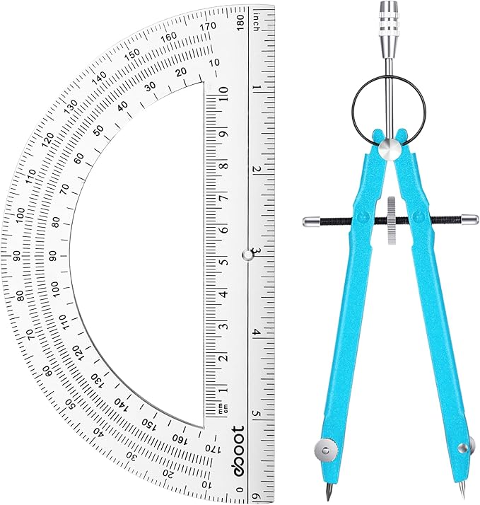 EBOOT Student Geometry Math Set, Metal Drawing Compass and 6 Inch Clear Swing Arm Protractors 180 Degree Math Protractor(Sky Blue)