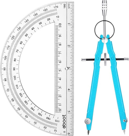EBOOT Student Geometry Math Set, Metal Drawing Compass and 6 Inch Clear Swing Arm Protractors 180 Degree Math Protractor(Sky Blue)