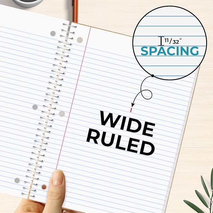 Rosmonde 5 Subject Spiral Notebooks Bulk, 36 Pack, Wide Ruled, 150 Sheets(300 Pages), 8 x 10-1/2", 3 Hole Punched, Bulk Subject Notebooks for Schools, Sturdy Spiral Bound Notebooks, Assorted Colors