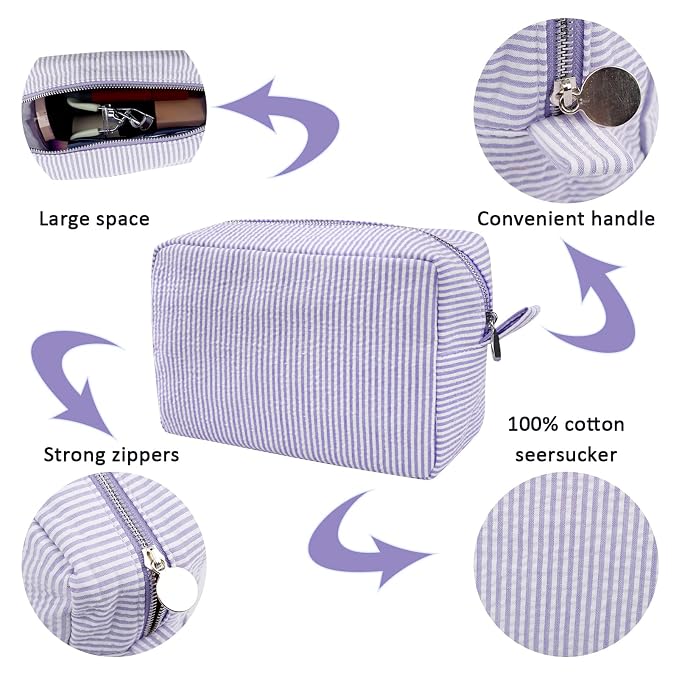 GFU Cosmetic Bags for Women, Seersucker Cosmetic Bag, Travel Toiletry Stripe Makeup Bag, Large Women Aesthetic Organizer Storage Pouch, Girls Handbags Purses,Purple