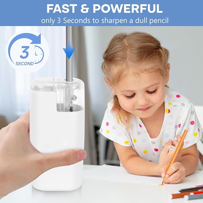 Portable Battery-Powered Electric Pencil Sharpener – Compact Design for Easy Use at Home, School, or Office – Ideal for Standard Pencils (White)