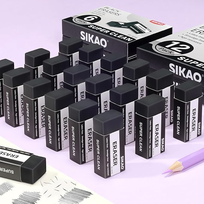 Black Erasers, 12 Pack Block Pencil Erasers – Smudge-Free Latex-Free Art Erasers for Kids & Adults Artists, Clean Erase for School, Homework, Office & Drawing