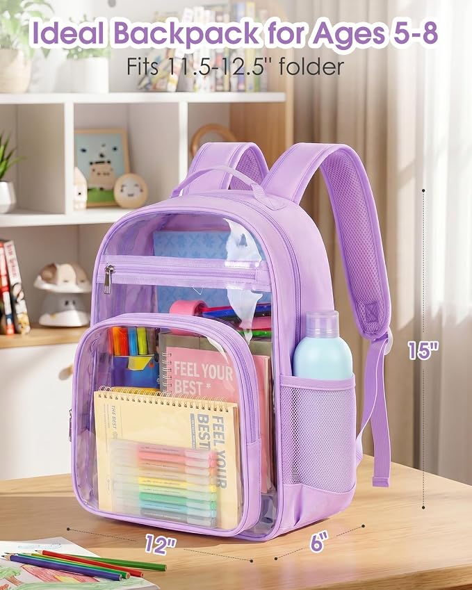 Soimeat Clear Backpack for Girls Boys - Kids Clear Bookbag - Fabric & PVC Transparent Backpacks for Elementary School, Purple
