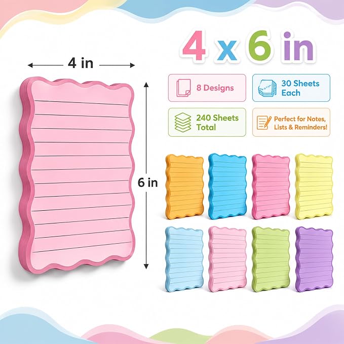 Whaline 8Pcs Stripe Scalloped Sticky Notes 4 x 6 Inch Vibrant Color Striped Self Adhesive Lined Notepad Removable Memo Pad for Classroom Office Home School Party Supplies