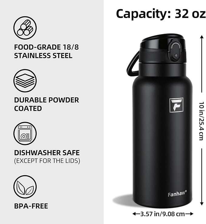 Fanhaw 32 Oz Insulated Stainless Steel Water Bottle with Chug Lid – Wide Mouth, Leak-Proof, BPA-Free – Ideal for Kids, Adults, Sports, Gym, and Outdoor Use (Black)