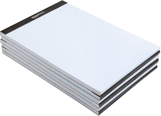 Amazon Basics Quad-Ruled Graph Paper Pad, 4x4 Grid, Perforated Sheets, Letter Size 8.5" x 11", White, 100 Sheets per Pad, 6-Pack (600 Sheets)