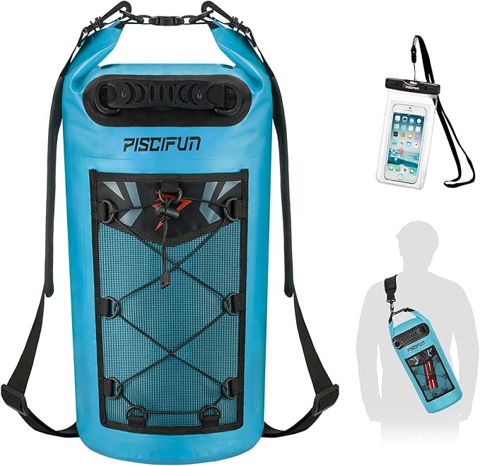 Piscifun Dry Bag, Waterproof Floating Backpack 10L/20L/30L/40L | Waterproof Phone Case, Adjustable shoulder straps, Roll-top closure keeps gear dry, Ideal for Boating, Kayaking, Fishing