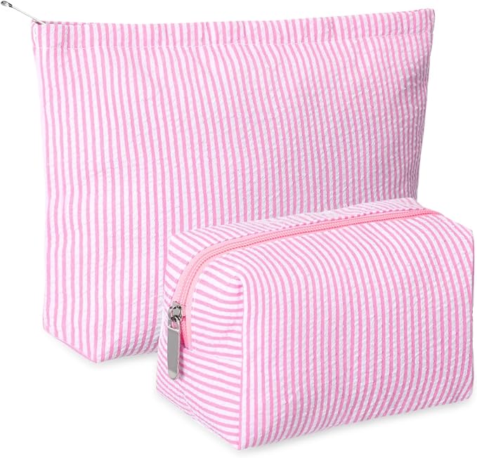 Huhumy 2 Pcs Makeup Bag Set for Women, Pink, Thin Striped Seersucker | Cute Cosmetic Pouch Women Travel Toiletry Bag Preppy Small Makeup Purse Pouch Aesthetic Skincare Brushes Storage Organizer