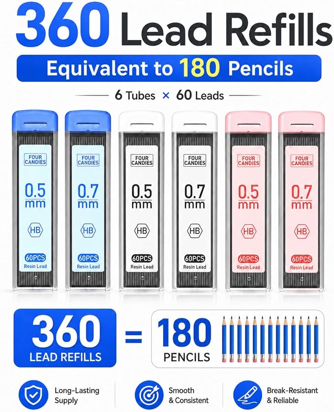Four Candies Cute Mechanical Pencil Set, 6-Pack 0.5/0.7mm | Clear Storage Case, 360 Leads, 3 Erasers, 9 Eraser Refills, Non-Slip Rubber Grips, Aesthetic Design, for Writing and Drawing