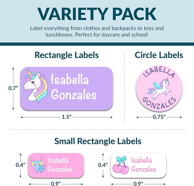 Personalized Waterproof Name Labels for Kids | Optional Packs 50, 150, 230 Labels | Custom Name Stickers for Kids' Clothing Tag, Water Bottle, Lunch Box, Customize Kid Name Label for Daycare Unicorn