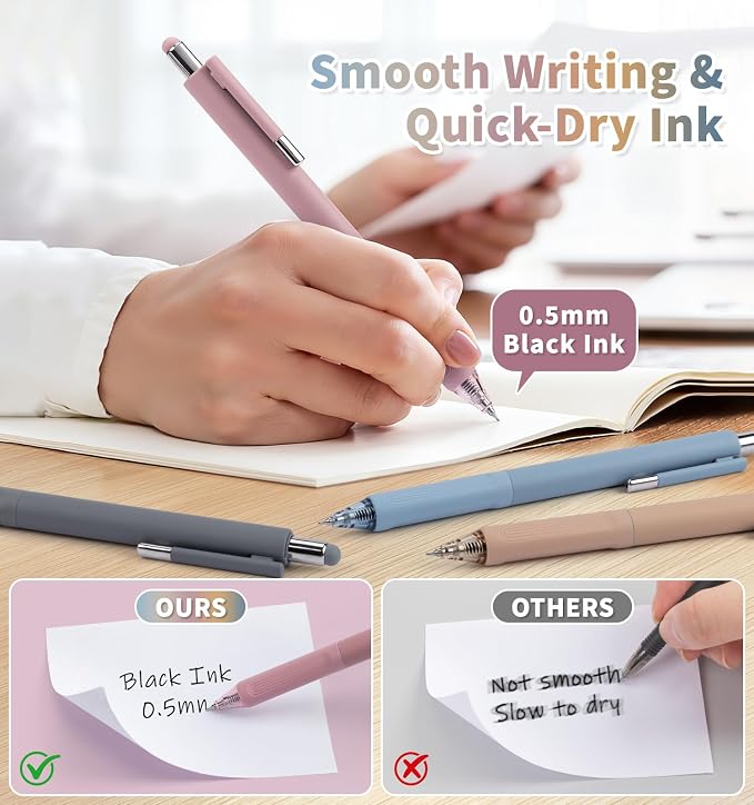 Gel Pens, 0.5mm Quick Dry Black Ink Pens Fine Point Smooth Writing Pens | 3-in-1 Stylus Retractable Gel Pen with Stylus tip, Cute Office School Supplies Gifts for Women Men (6 gel pens + 6 refills)