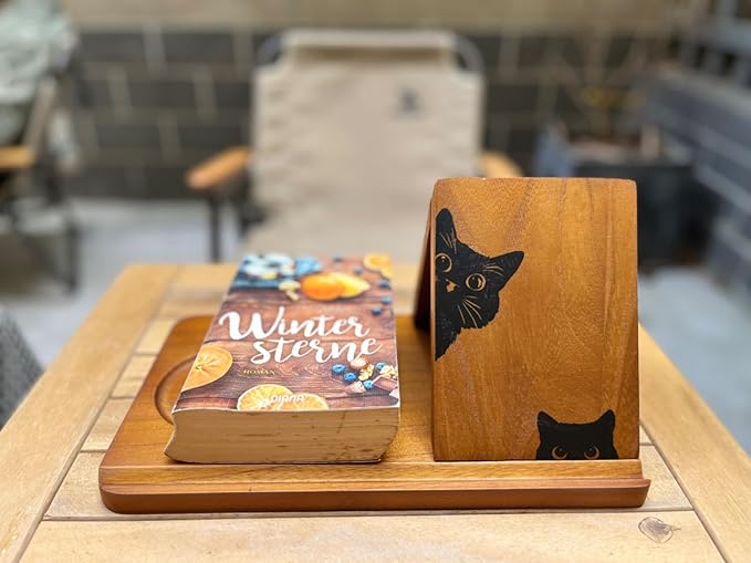 Wooden Book Stand, Triangle Book Holder, Small Bookshelf, Black Cat Book Rest with Cup Holder, for Reading or Desktop Decoration, Coffee and Book Lovers Father's Day Gifts for Dad & Husband