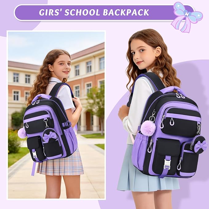 MUSEVOS Kids Teenage Girls Backpack, Elementary/Middle/High Schoolbag, Multi-Compartment Water-resistant Cute Bookbag, 17inch