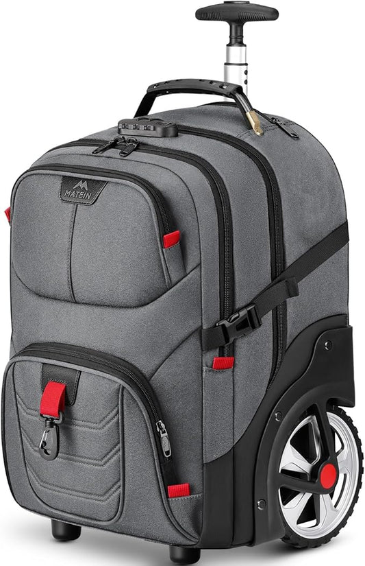 MATEIN Rolling Laptop Bag with Larger Wheels, 17 Inch Spacious Roller Back Packs with Anti Theft Lock for Adults Men, Heavy Duty Rolling Large Carry On Luggage for Office Work Travel, Grey