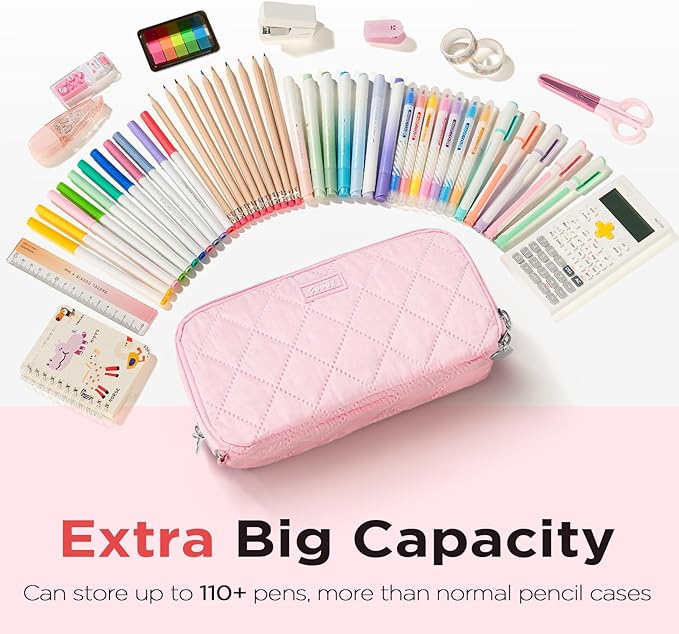 Sooez Large Pencil Case Pouch, Extra Big Pencil Bag with 8 Compartments, Pen Bag Wide Opening, Soft Quilted Pencil Pouch Organizer with Zipper, Portable Pencil Case for Teen Girls, Pink