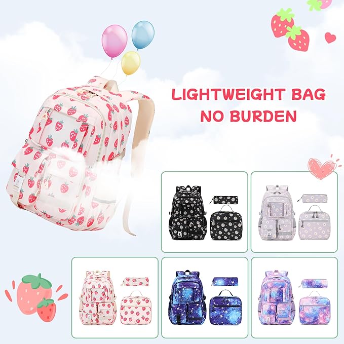 PIG PIG GIRL Backpack for Girls 3pcs Set Kids Backpack with Lunch Box Students Kawaii Book Bag for Elementary Primary Middle School Bags - Ita Backpack - Strawberry