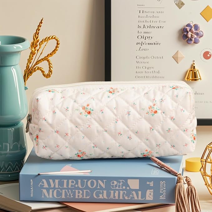 Carry bloom Pencil Pouch Cute Pencil Case for Girls Aesthetic Pencil Bag with Zipper Pen Cases School Supplies Makeup Bag (3 floral beige)