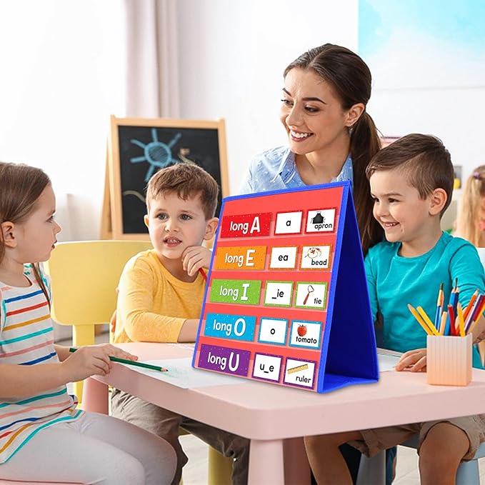 Tabletop Pocket Chart for Classroom, Small Double Sided Pocket Chart for Kids Learning at Home (Red-Blue)