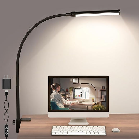 ShineTech LED Desk Lamp with Clamp, Clip On Desk Lamp for Home Office, 4000K Natural White & 11 Brightness Level, Flexible Gooseneck Architect Desk Light, Eye Caring Reading Lamp with USB Adapter
