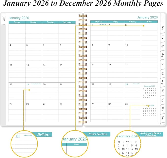 2026 Planner - A5 Weekly & Monthly Planners Spiral Bound, January 2026 - December 2026, 2026 Planner with Flexible Cover, Tabs, Inner Pocket, 6.4" x 8.5", Black